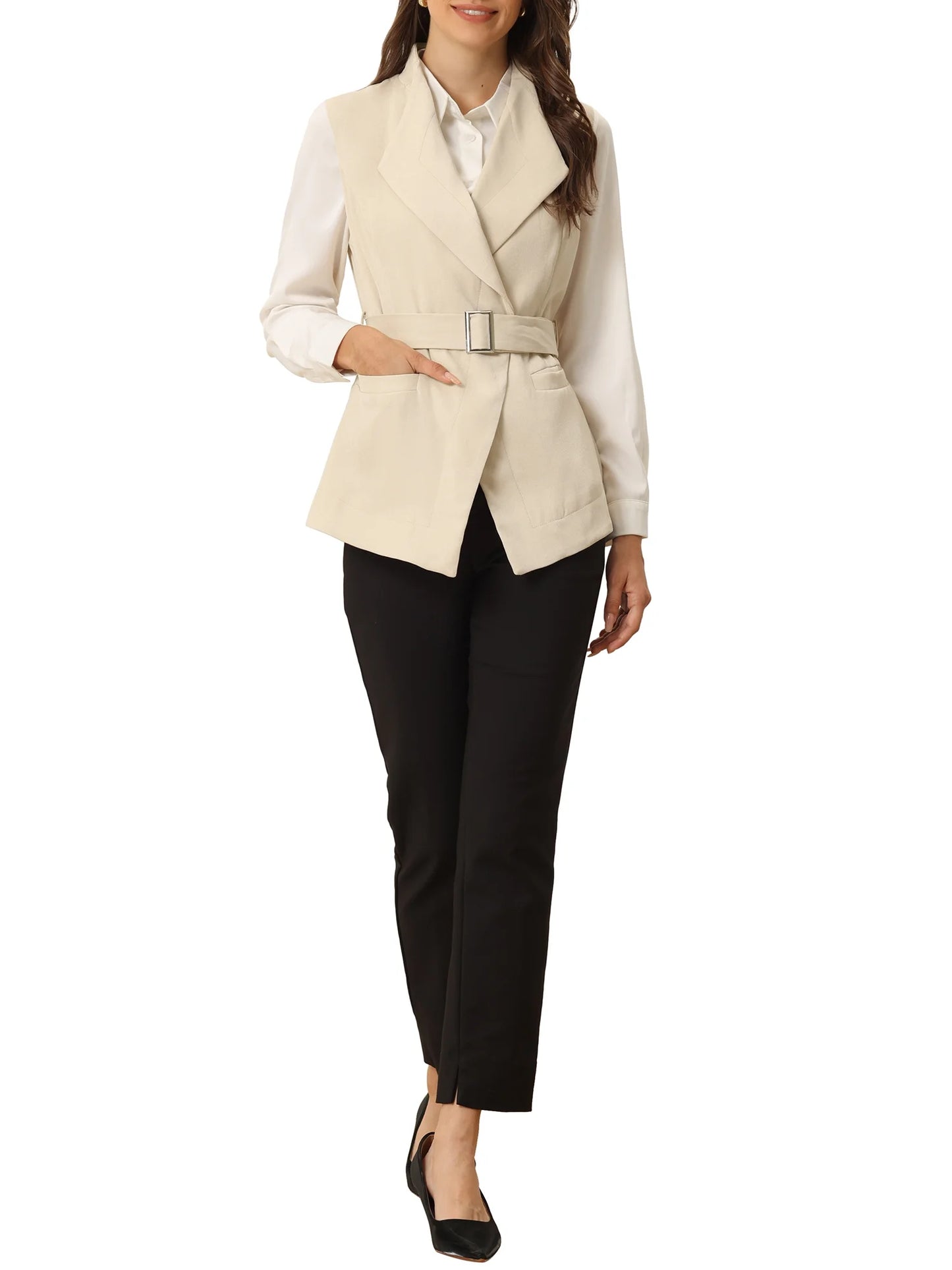 Women'S Shawl Collar Open Front Belted Sleeveless Blazer Vest M Apricot