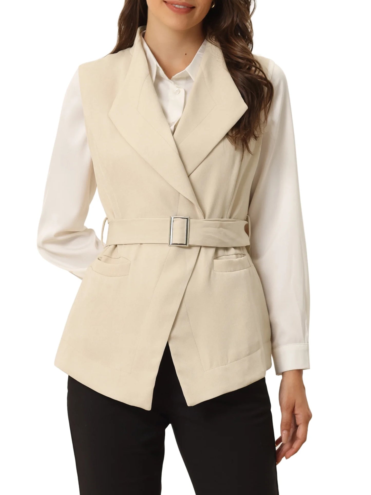 Women'S Shawl Collar Open Front Belted Sleeveless Blazer Vest M Apricot