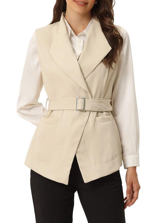 Women'S Shawl Collar Open Front Belted Sleeveless Blazer Vest M Apricot