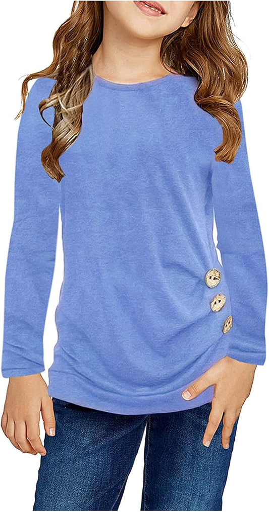 Teen Girls Fall Clothes Tunic Tops Long Sleeve Knot Front Shirts for 4-13 Years Loose Soft Casual Blouse T-Shirt Tee Y81 Sky Blue