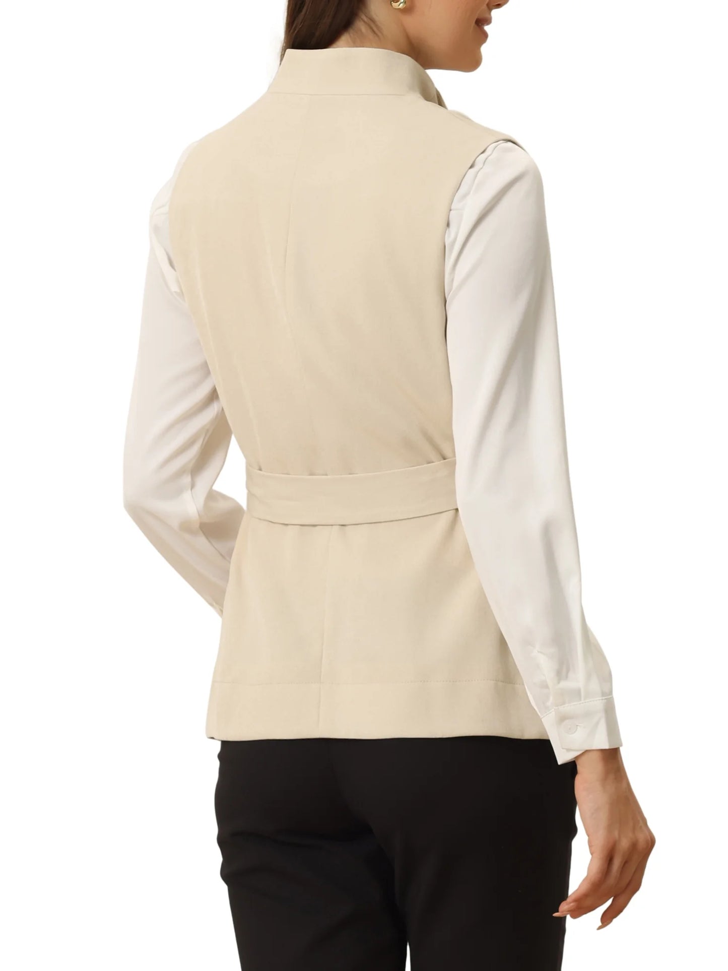 Women'S Shawl Collar Open Front Belted Sleeveless Blazer Vest M Apricot